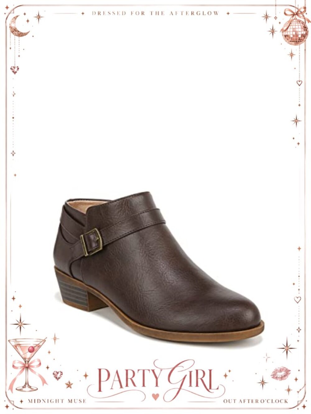 Faux Leather Almond Toe Block Heel Ankle Bootie with Buckle Strap